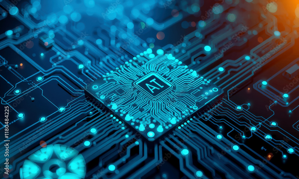 Poster close up of glowing ai chip processor on circuit board, showcasing intricate electronic pathways and