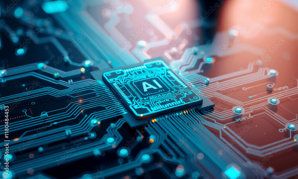 Aufkleber close up of glowing ai chip circuit board, showcasing intricate electronic pathways and futuristic t
