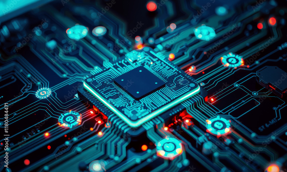 Poster close up of glowing ai chip processor on circuit board, showcasing intricate electronic components a