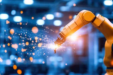 Robotic arm welding with sparks in an industrial factory setting