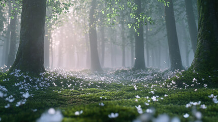 Obraz premium A mysterious woodland scene during a misty March dawn, vibrant emerald leaves beginning to emerge on branches, a bed of moss glowing softly under faint blue light