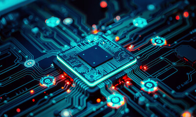 close up of glowing AI chip processor on circuit board, showcasing intricate electronic components and connections, highlighting advanced technology and innovation