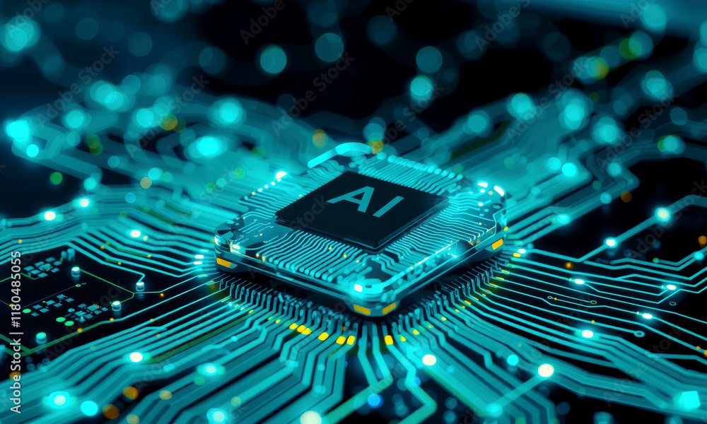 Poster glowing ai chip on circuit board represents advanced technology and innovation in artificial intelli