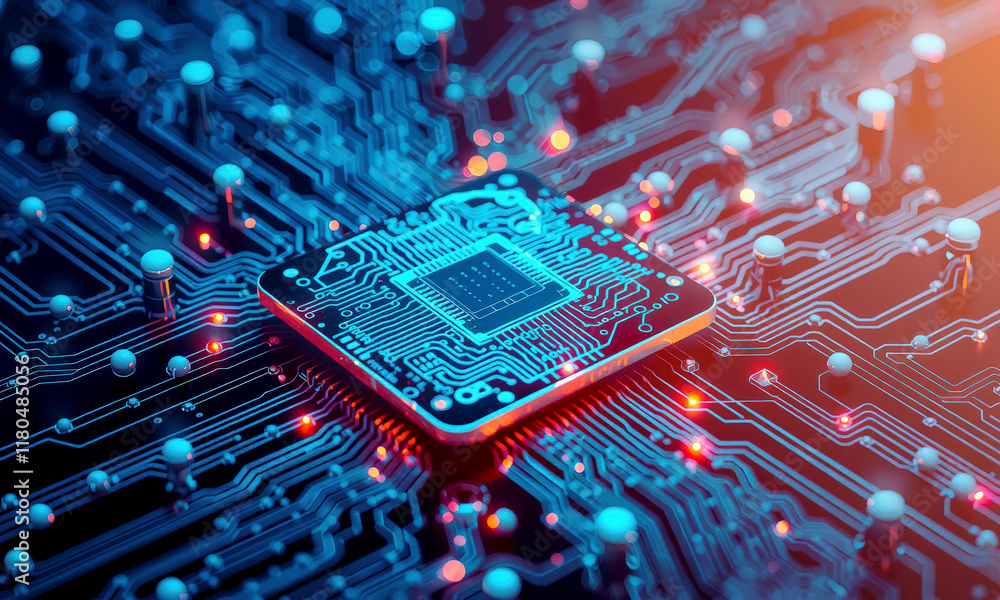 Poster glowing microchip on circuit board, showcasing intricate electronic pathways and vibrant lights, sym