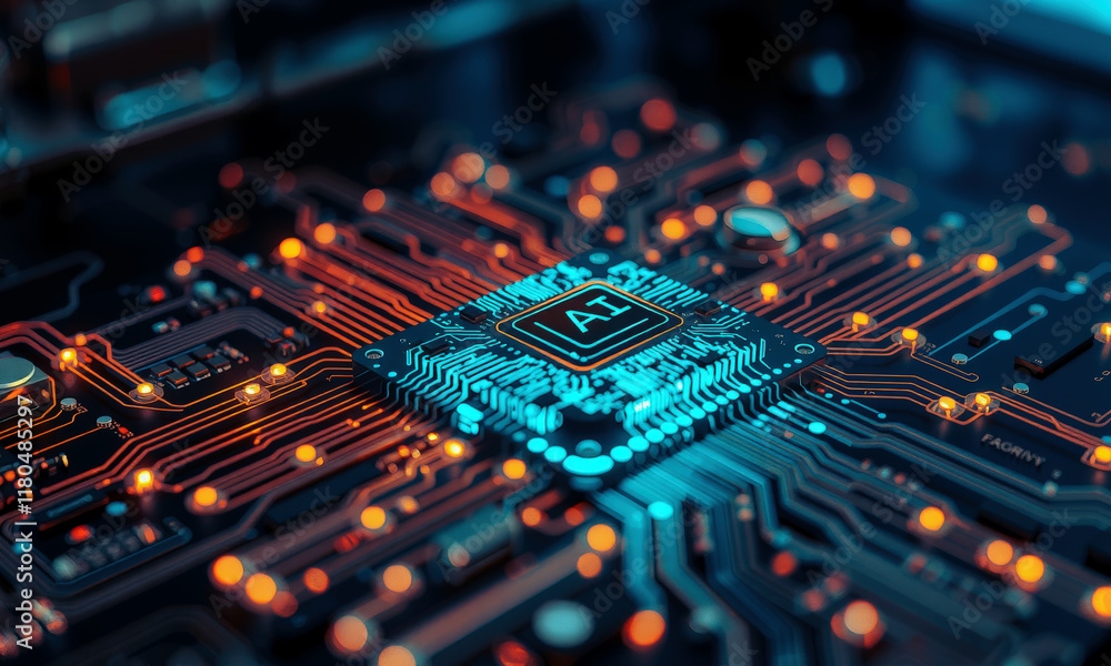 Poster close up of glowing ai chip on circuit board, showcasing intricate electronic pathways and vibrant c