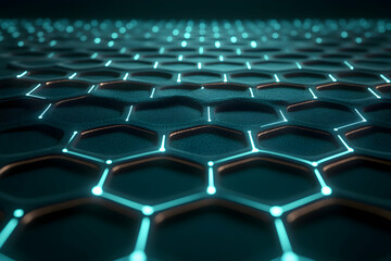 Naklejka premium Abstract hexagonal grid pattern with glowing teal nodes; futuristic tech background, perfect for digital design.