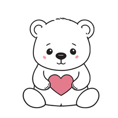 Cute bear with a heart, Cozy minimalist vector line art illustration, white background