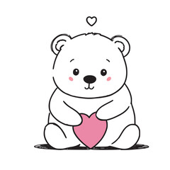 Cute bear with a heart, Cozy minimalist vector line art illustration, white background