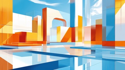 Abstract Cityscape Featuring Geometric Orange Blue Shapes