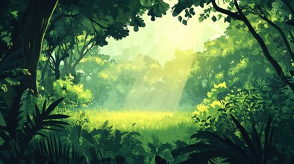 Lush Green Forest Sunlight Through Canopy