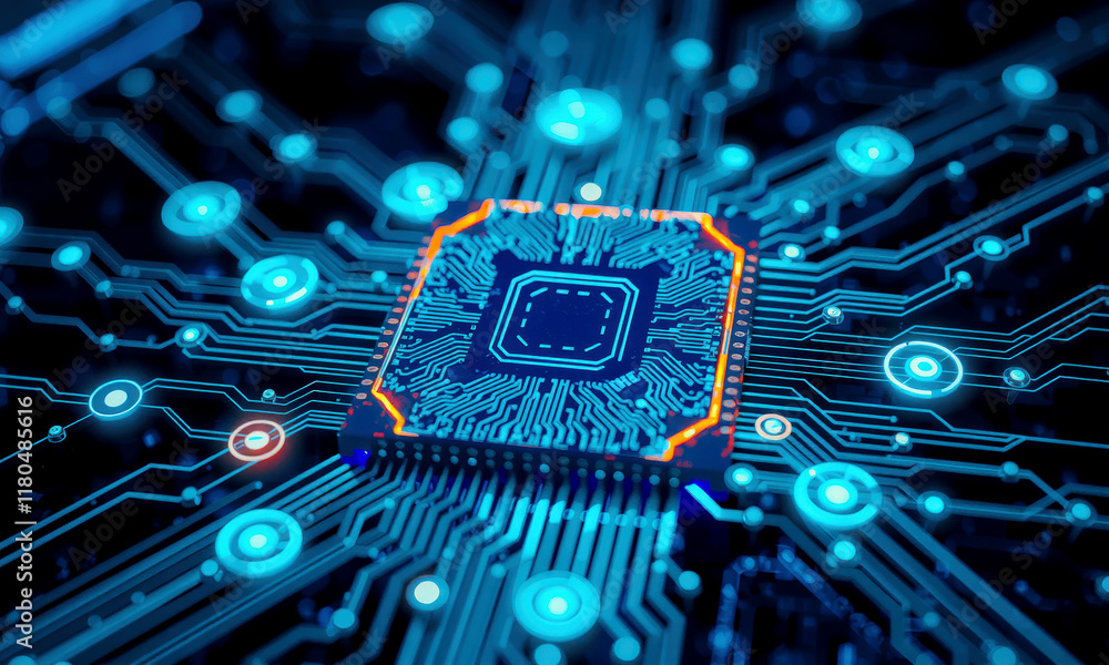 Poster glowing microchip on circuit board, showcasing intricate pathways and connections, represents advanc