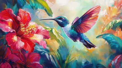 Vibrant Hummingbird Soaring Near Tropical Flowers