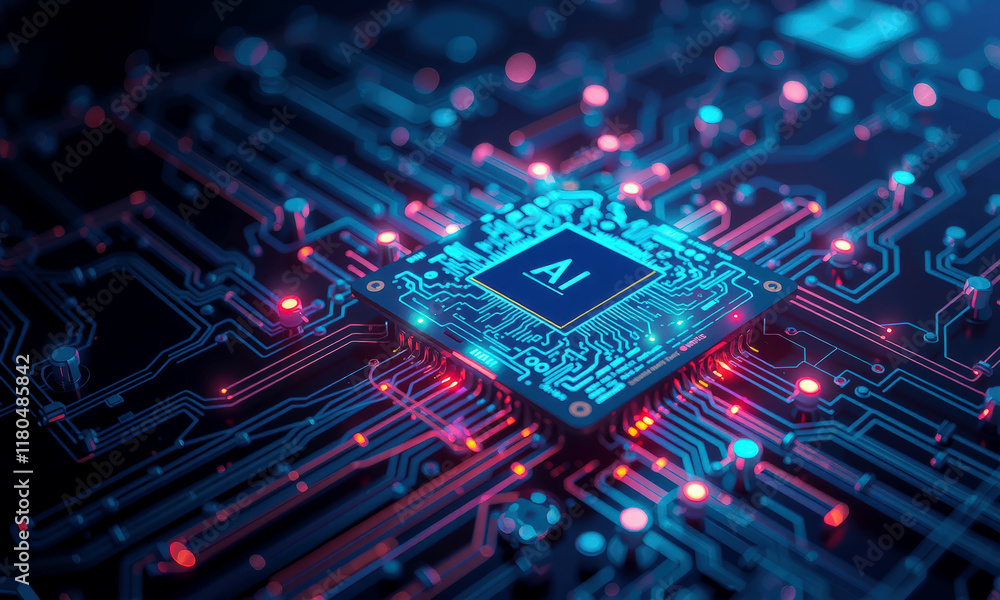 Poster glowing ai chip processor is integrated into complex circuit board, illuminated by vibrant blue and 