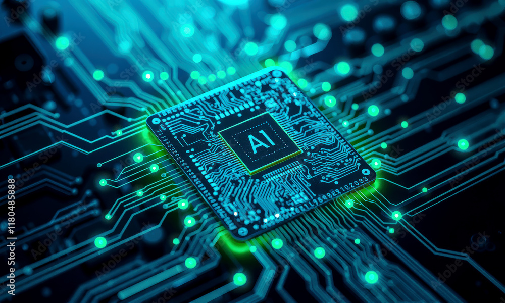 Poster glowing ai chip on circuit board, representing advanced technology and innovation in artificial inte