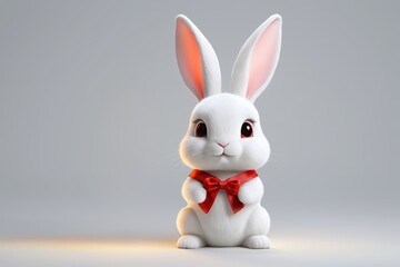 there is a white rabbit with a red bow on its neck