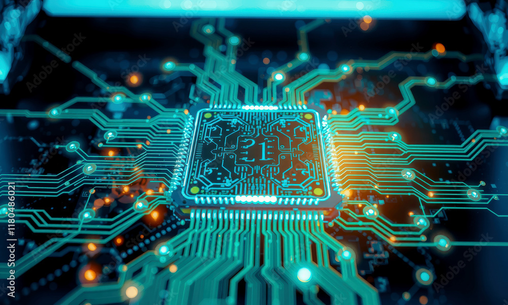 Aufkleber glowing ai chip processor on circuit board, showcasing intricate pathways and vibrant blue and orang