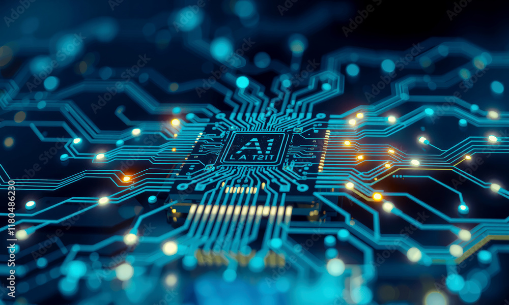 Poster glowing ai chip on circuit board, showcasing intricate connections and futuristic technology. blue a