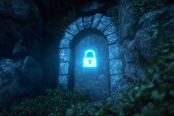 Glowing locked doorway in mysterious cave with blue light