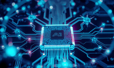glowing AI chip processor is embedded in futuristic circuit board, illuminated by blue neon lights, symbolizing advanced technology and innovation in computing