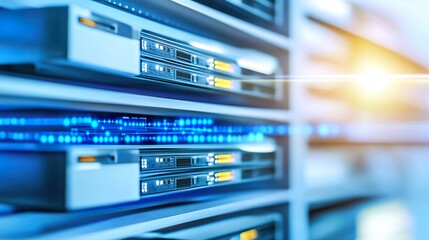 High tech servers illuminated by blue lights emphasize the power of digital infrastructure