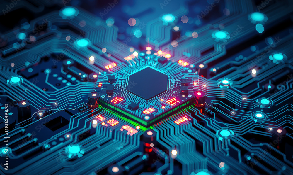 Aufkleber glowing microchip on circuit board, showcasing intricate pathways and vibrant colors, represents adv