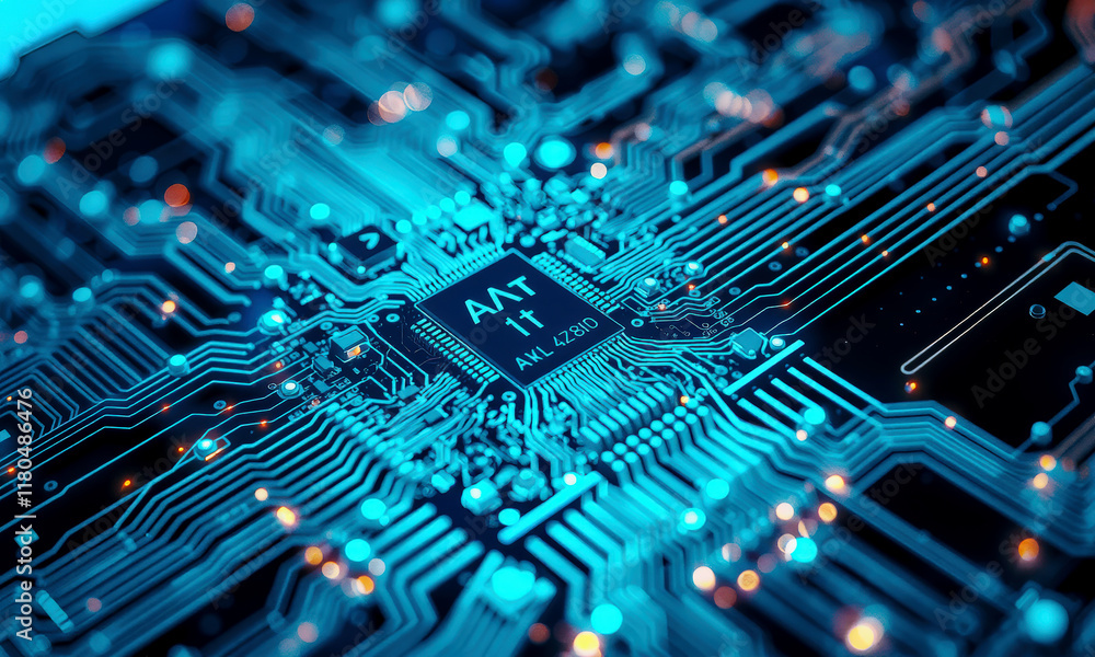 Aufkleber close up of glowing blue circuit board with intricate patterns and ai chip at center, showcasing adv