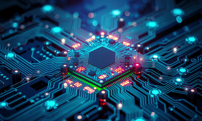 Obraz premium glowing microchip on circuit board, showcasing intricate pathways and vibrant colors, represents advanced technology and innovation in electronics