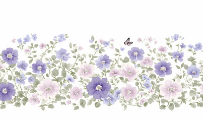 Delicate watercolor floral border with lavender and pink blossoms, perfect for wedding invitations, stationery, or fabric design.  Features a charming butterfly detail.