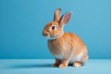 Fototapeta premium there is a small rabbit sitting on a blue surface