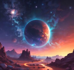 Illustration of outer planet with starry galaxy.