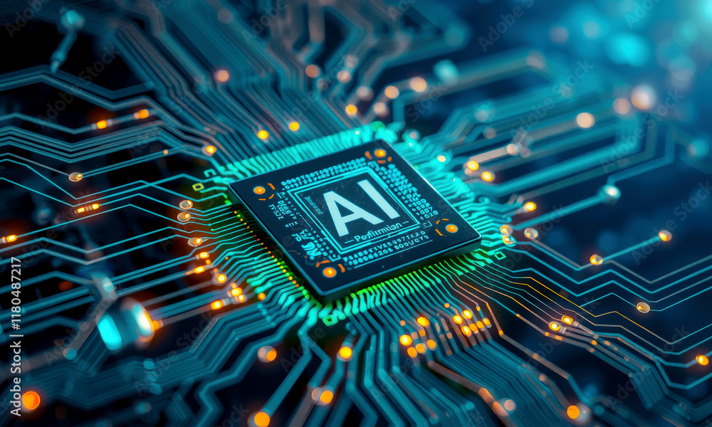 Aufkleber close up of ai chip processor on circuit board, glowing with blue and orange lights, representing ad