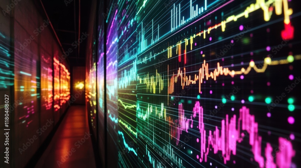 Poster glowing colorful digital charts displaying market trends, data analysis, and financial information w
