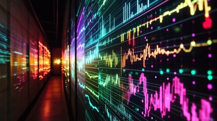 Fototapeta premium Glowing colorful digital charts displaying market trends, data analysis, and financial information within a dark server room, creating a futuristic and technological atmosphere