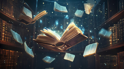 Magical books floating in the air, glowing with mystical energy in an enchanted library filled with ancient volumes and ethereal light. Nightglow. Illustration