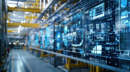 Fototapeta premium Transparent digital screens displaying various data and parameters, enhancing efficiency and automation in a modern manufacturing facility, showcasing the integration of technology and industry