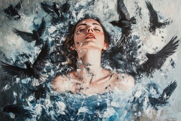 Fototapeta premium Woman Submerged Enveloped by Birds in Flight