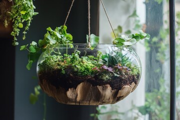 Hanging Glass Terrarium With Varied Green Plants