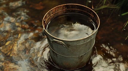 Rusty Bucket in a River: A Still and Tranquil Scene