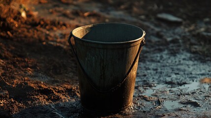 Rustic Metal Bucket in a Muddy Landscape