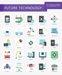 Future Technology flat color icons set. contain bot, blockchain, signal, fiber, cloud, chatbot, chip, server and more. Vector EPS 10 for print, digital UI, UX kit, web, app for technology, education