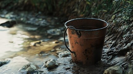 Rusty Bucket by the Creek: A Rustic Nature Scene