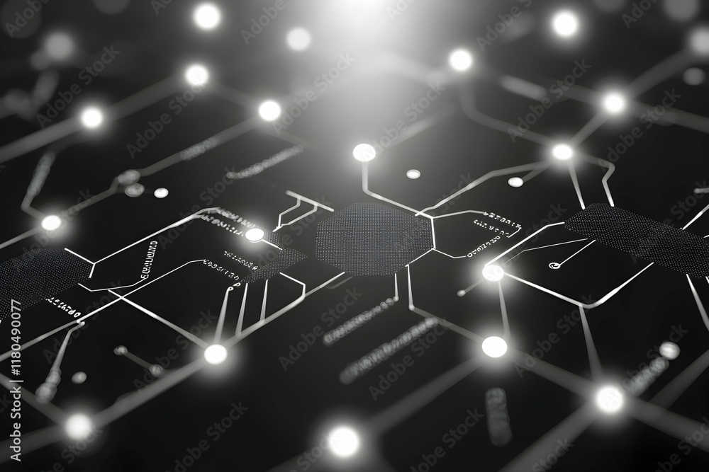 Poster abstract close-up of a futuristic circuit board with glowing nodes, representing digital connectivit