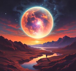 Illustration of outer planet with starry galaxy.