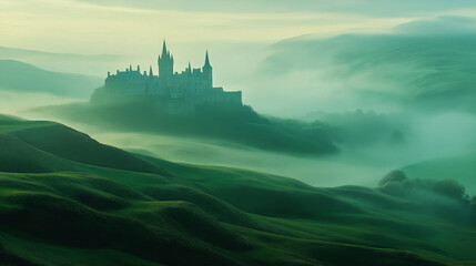 Fototapeta premium Dreamlike landscape with a castle atop misty, lush valleys.