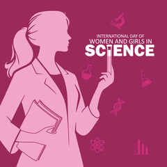 International Day of Women and Girls in Science design. Creative design with a silhouette of a woman scientist holding a test tube. Suitable for Poster, Banner, campaign and greeting card.