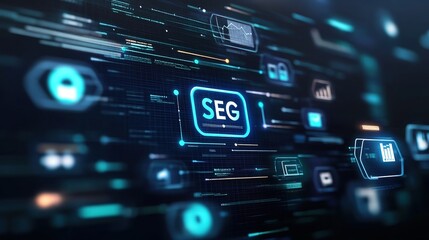 Fototapeta premium Abstract digital display with SEG text, futuristic interface.