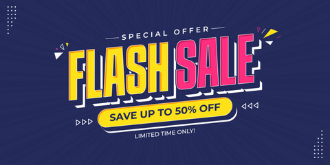 Flash sale promotional banner with bold 3d text, thunder and geometric shapes. Flash sale promo with discount offer for online shopping, special offer, voucher, website, social media advertising