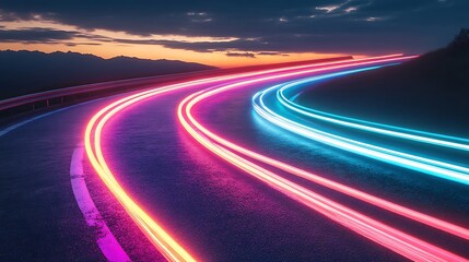 Neon Light Trails On Winding Mountain Road At Sunset
