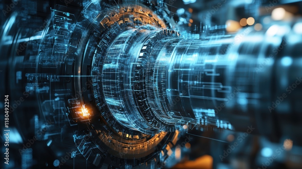 Poster complex digital information flows through a futuristic engine rotating smoothly, showcasing advanced