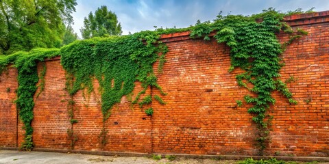 Architexture of worn red brick wall with ivy vines and trees , building, wide angle,  building, wide angle, exterior, texture